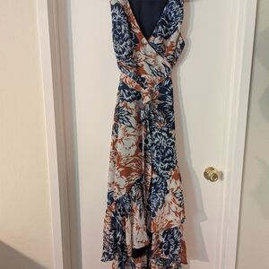 Lulu's Blue and Orange Ruffled Wrap Maxi Dress
